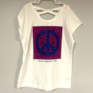 Girl's Large, Justice white graphic Tee, Peace happiness love, NWOT, Glitter